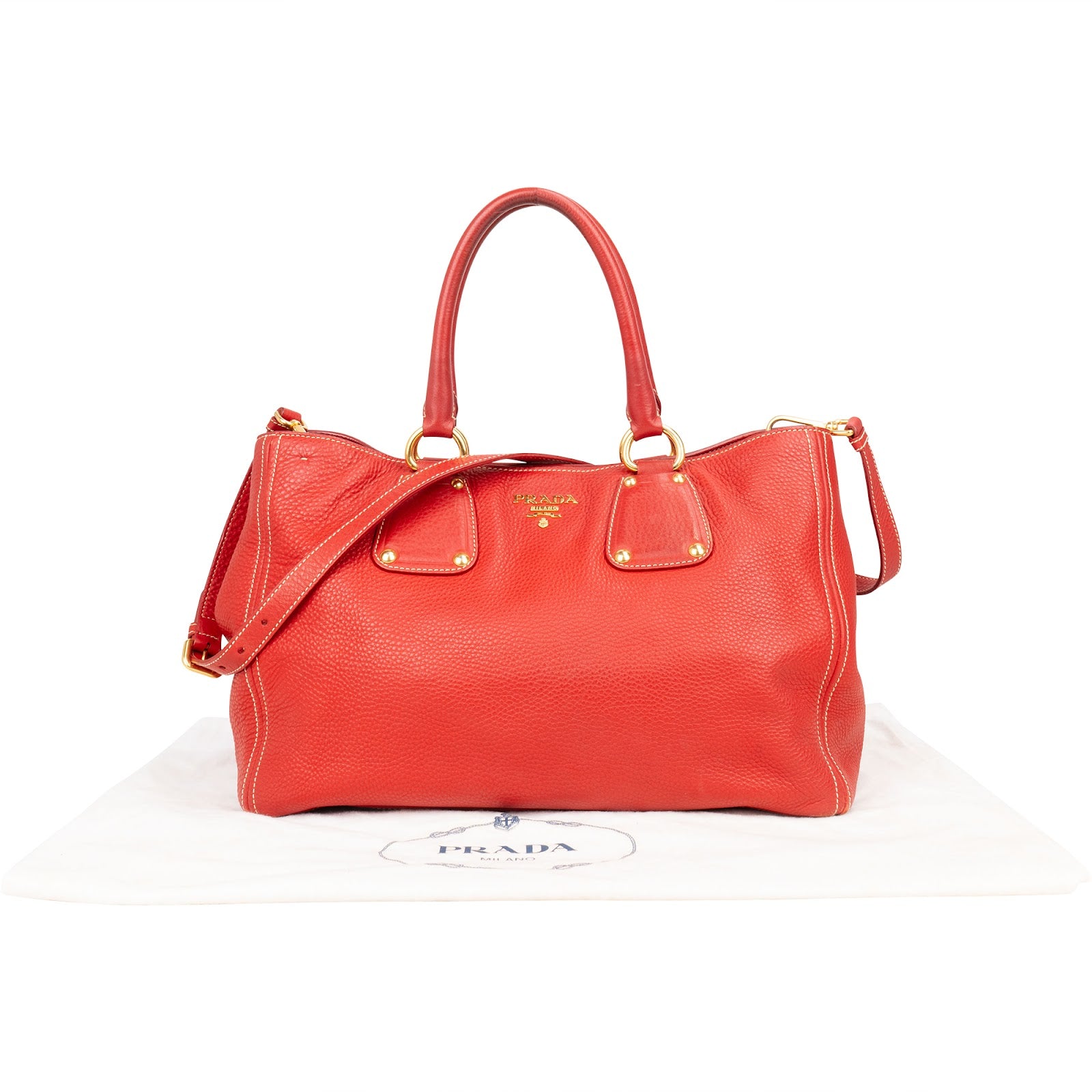 Prada Grained Red Vitello Daino Tote Handbag - vintageandkickz
