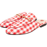 Gucci Red Gingham Nylon Leather Princetown Horsebit Slipper Mules (37)