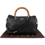 Gucci Black Grained Leather Bamboo Top Handle Boston Handbag
