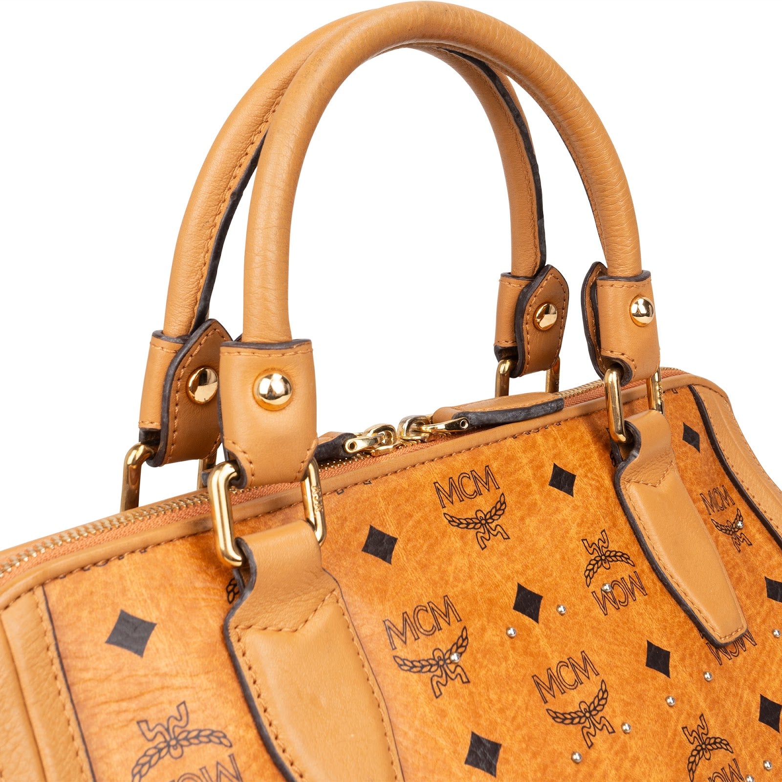 [🔄️B14 / F19] MCM Monogram Visetos Studded Boston Bag Medium Handbag - vintageandkickz