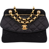 Chanel Navy Quilted Satin Top Bar 24K Gold Single Flap Small Crossbody Bag