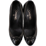 Chanel Black Leather Chain Trim Bow Cap Toe Platform Pumps (38)