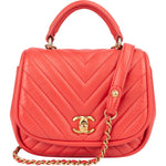 [🔄️B06 / F15] Chanel Red Leather Chevron Lambskin Mini Flap Bag with Top Handle Handbag - vintageandkickz