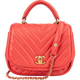 [🔄️B06 / F15] Chanel Red Leather Chevron Lambskin Mini Flap Bag with Top Handle Handbag - vintageandkickz