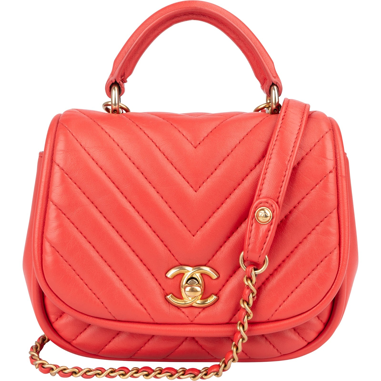 [🔄️B06 / F15] Chanel Red Leather Chevron Lambskin Mini Flap Bag with Top Handle Handbag - vintageandkickz
