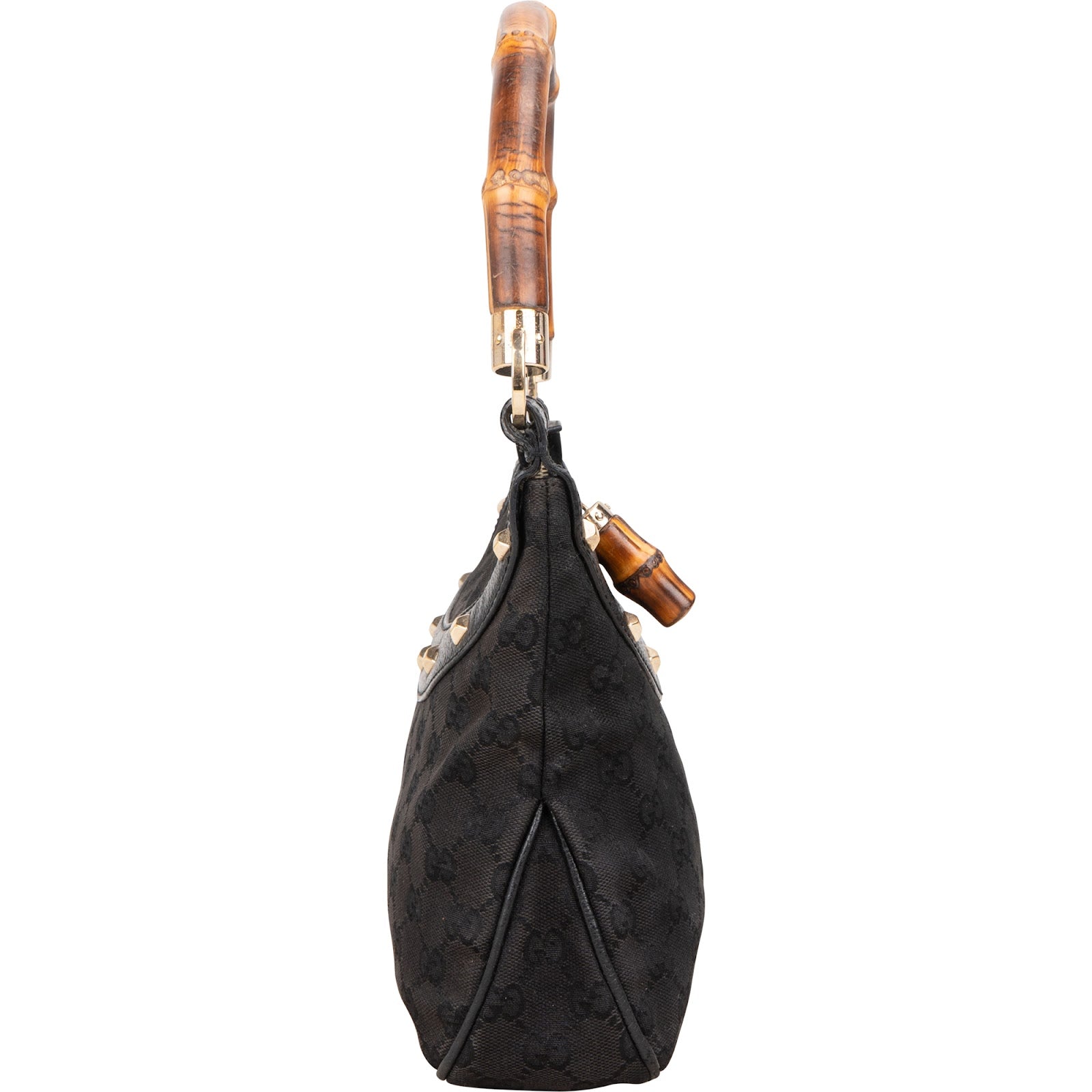 [🔄️B09 / F15] Gucci Monogram Black GG Canvas Bamboo Studded Hobo Handbag - vintageandkickz
