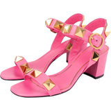 Valentino Pink Leather Roman Stud Block Heel Sandal Sandals (38)