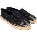 Chanel Black Sequin Tweed Leather CC Espadrilles Shoes (35)
