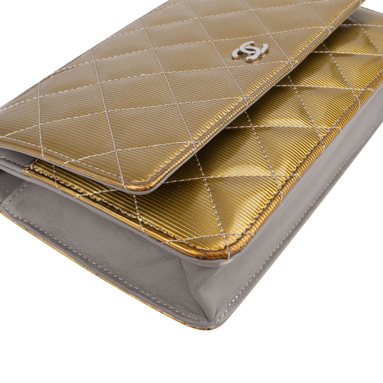Chanel Ribbed Metallic Patent Leather Wallet On Chain Crossbody Bag - vintageandkickz