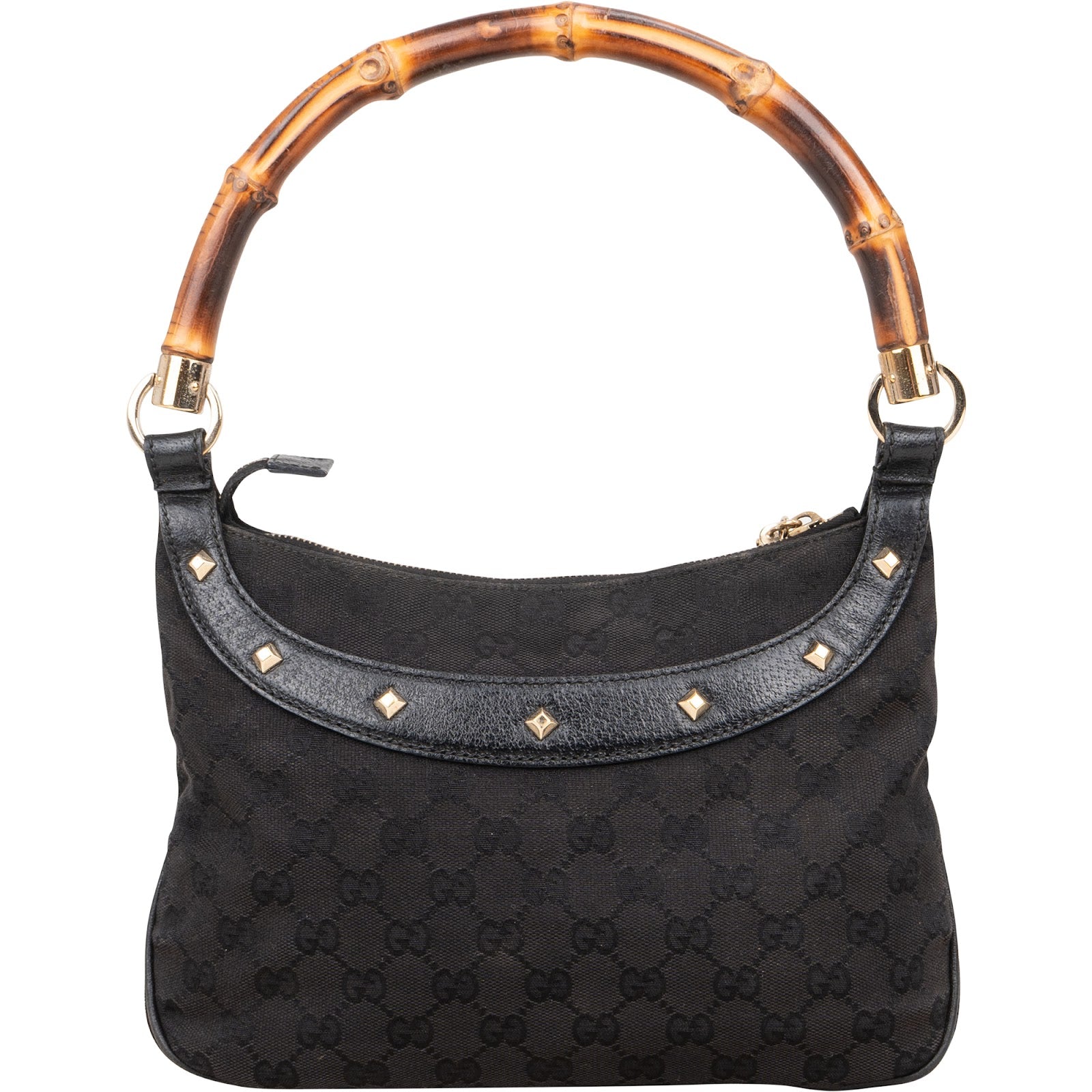 [🔄️B09 / F15] Gucci Monogram Black GG Canvas Bamboo Studded Hobo Handbag - vintageandkickz