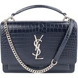 Saint Laurent Navy Exotic Croc-Embossed Sunset Top Handle Crossbody Bag