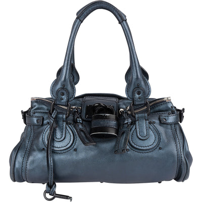 Chloé Blue Metallic Leather Paddington Satchel Handbag