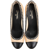 Chanel Bicolor Leather Pearl Embellished Cap Toe Pumps (37)