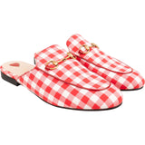 Gucci Red Gingham Nylon Leather Princetown Horsebit Slipper Mules (37)