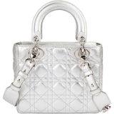 Christian Dior Metallic Silver Leather Small Lady Dior ABC Handbag