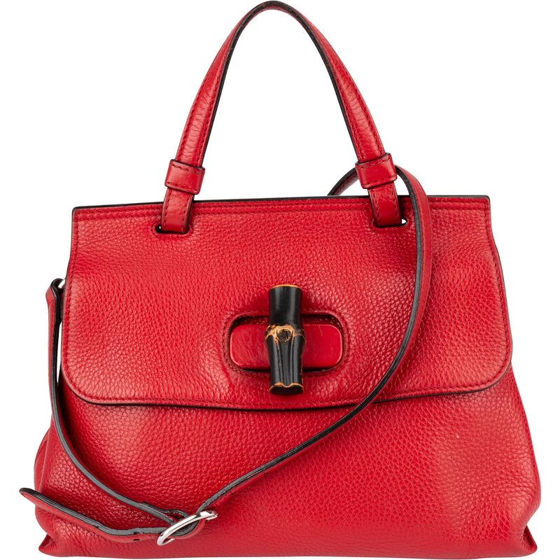 Gucci Red Pebbled Leather Bamboo Daily Top Handle Handbag