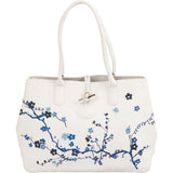 Longchamp White Canvas Blue Embroidered Roseau Sakura Shoulder Bag