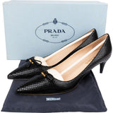 Prada Black Leather Snakeskin Embossed Bow Kitten Heels Pumps (38)