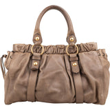 Miu Miu Taupe Vitello Leather Gathered Tote Drawstring Satchel Handbag
