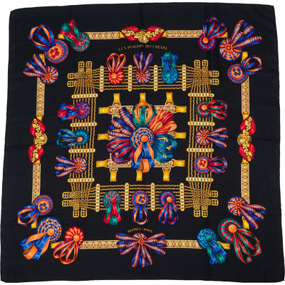 Hermès Noir Les Rubans du Cheval Silk Carre 90 Scarf Tuch
