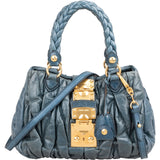Miu Miu Blue Leather Vitello Lux Pleated Handbag