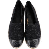Chanel Black Sequin Tweed Leather CC Espadrilles Shoes (35)