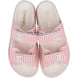 Chanel White Leather Striped Fabric Dad Slides Sandals (38)