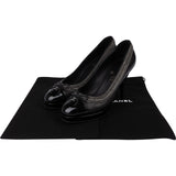 Chanel Black Leather Chain Trim Bow Cap Toe Platform Pumps (38)