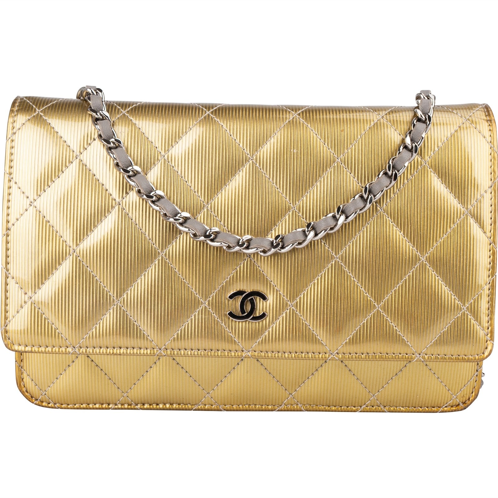 Chanel Ribbed Metallic Patent Leather Wallet On Chain Crossbody Bag - vintageandkickz