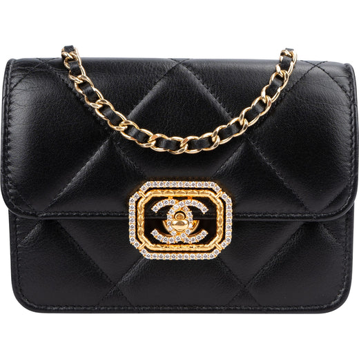 Chanel Limited Quilted Lambskin Crystal CC-Turnlock Mini Wallet On Chain Crossbody Bag