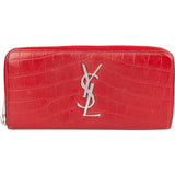 Yves Saint Laurent Croc-Embossed Leather Monogram Zip Around Wallet