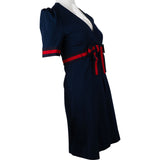 Gucci Navy Cotton Web Stripe Bow Pearl Buttons Short Sleeve Dress (M)