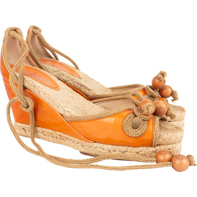 Loewe Orange Patent Leather Anagram Beaded Espadrille Wedge Sandals (37)