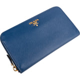 Prada Blue Saffiano Leather Zip Around Wallet