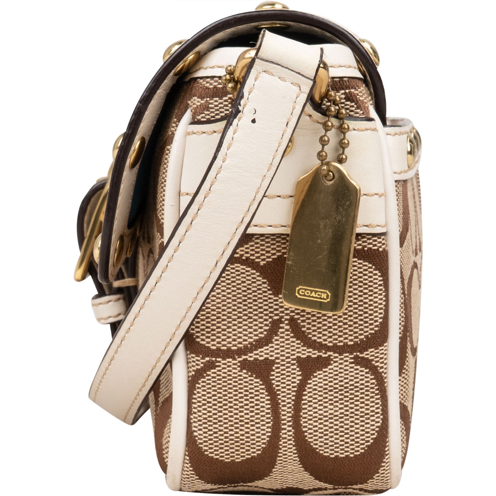 [🔄️B14 / F36] Coach Monogram Signature Canvas Hampton Studded Demi Flap Crossbody Bag - vintageandkickz