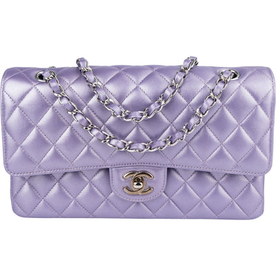 Chanel Quilted Metallic Lambskin Medium Double Flap Crossbody Bag