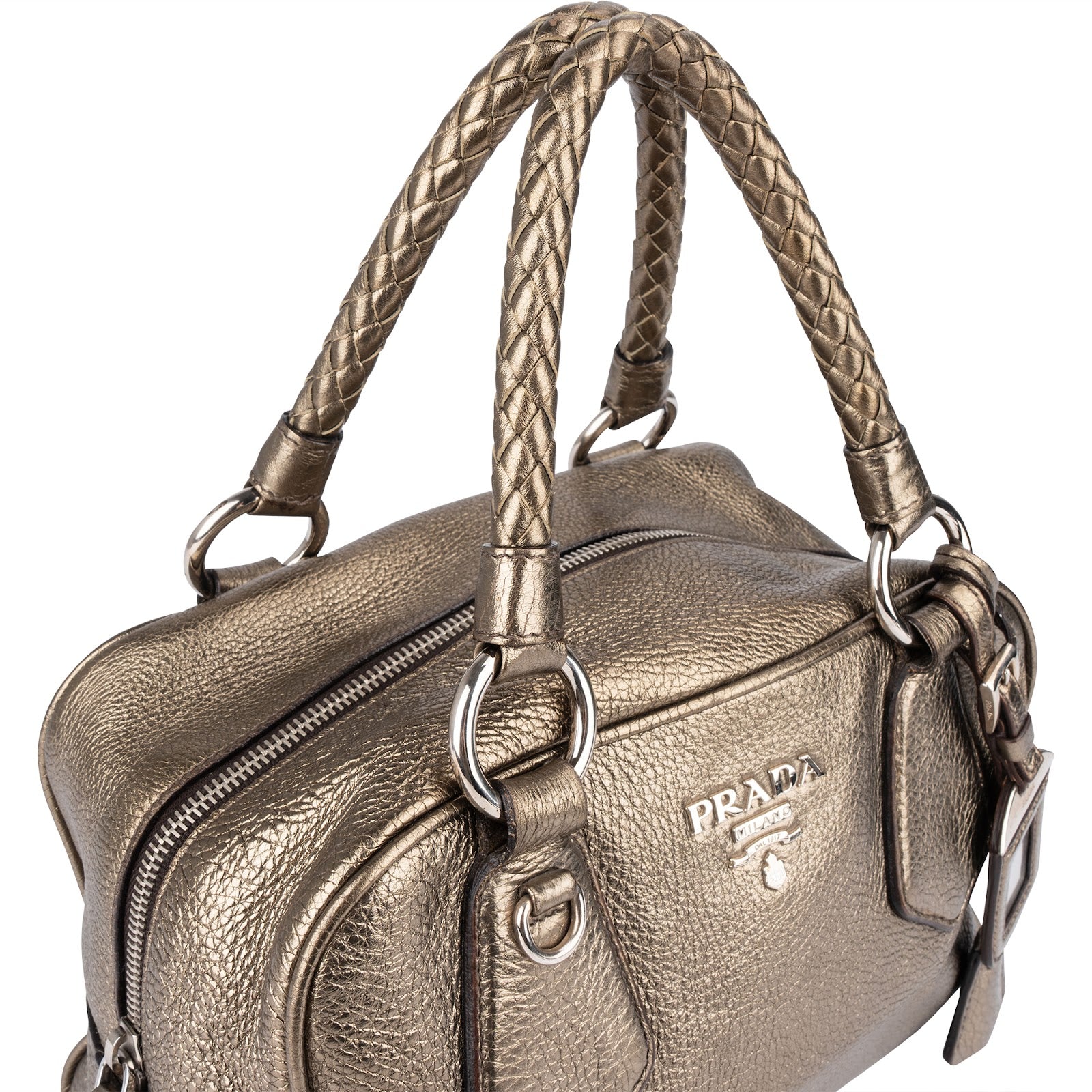 [🔄️B11 / F19] Prada Metallic Pebbled Leather Bauletto Bag Handbag - vintageandkickz