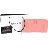 Chanel Pink Chevron Quilted Leather Zip Around Wallet