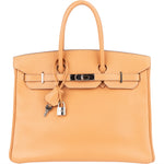 Hermès Fjord Leather Birkin 35 Handbag Beige Brown Palladium Hardware - vintageandkickz
