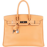 Hermès Fjord Leather Birkin 35 Handbag Beige Brown Palladium Hardware - vintageandkickz