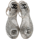 Chanel Silver Glitter Camellia Jelly Sandals (38)