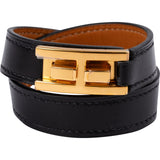 Hermès Gold Tone Black Leather Drag Double Tour Bracelet