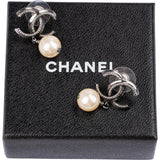 Chanel Silver CC Pearl Drop Earrings
