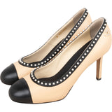 Chanel Bicolor Leather Pearl Embellished Cap Toe Pumps (37)