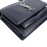 Saint Laurent Navy Exotic Croc-Embossed Sunset Top Handle Crossbody Bag