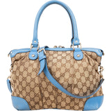 [🔄️B07 / F44] Gucci Blue Leather GG Canvas Sukey Medium Handbag - vintageandkickz