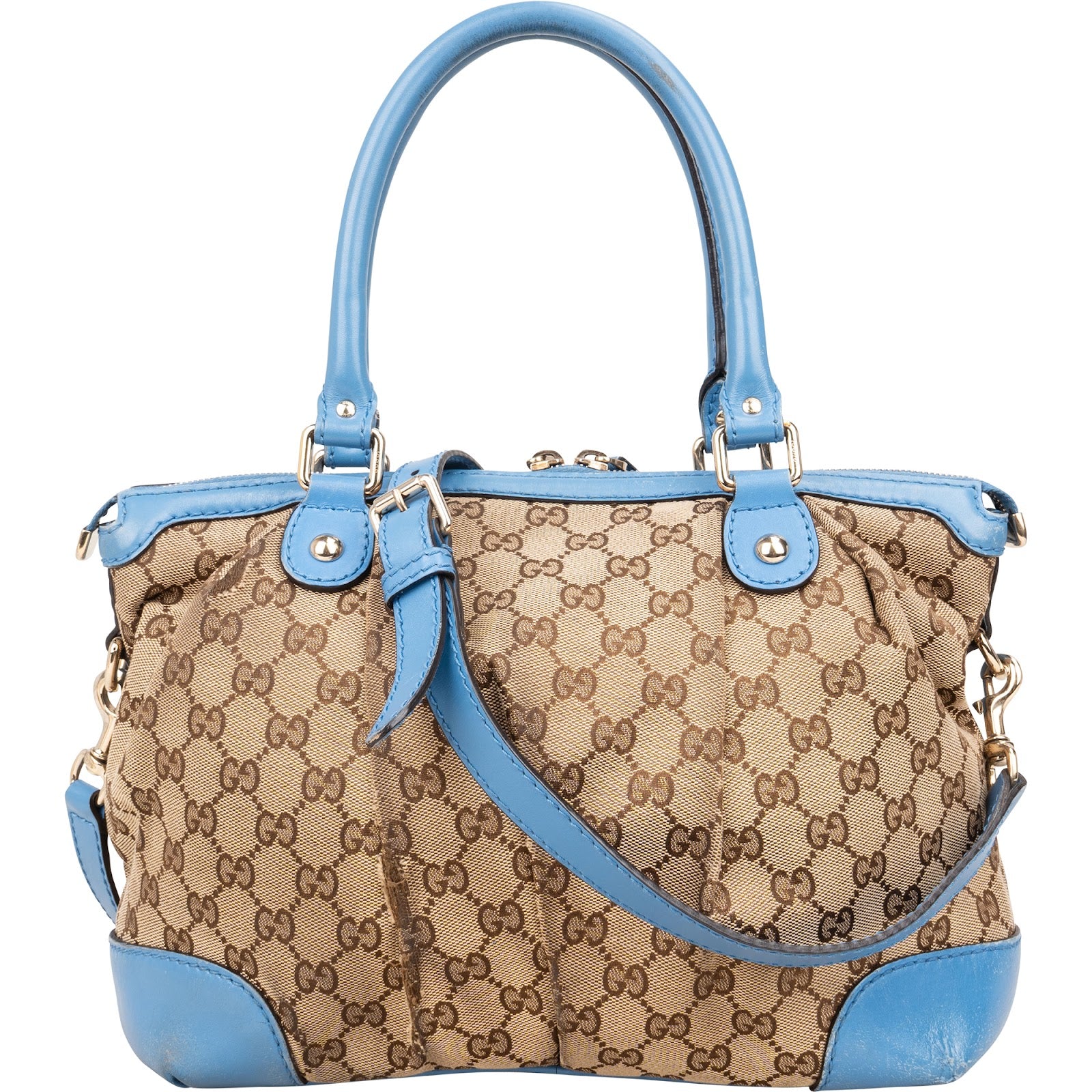 [🔄️B07 / F44] Gucci Blue Leather GG Canvas Sukey Medium Handbag - vintageandkickz