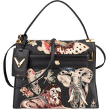Valentino Black Leather Animal Fantasia Embroidered Joylock Top Handle Handbag