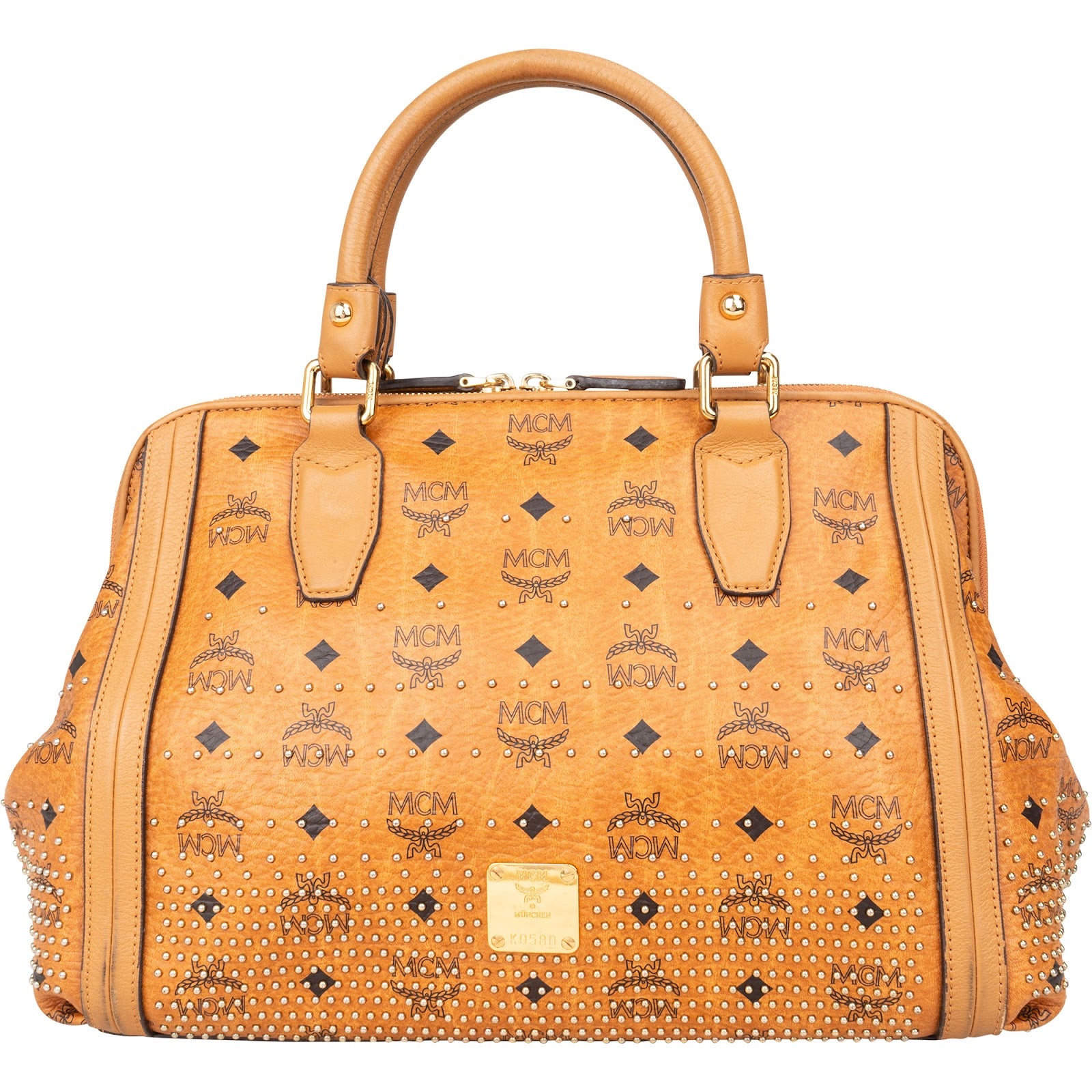 [🔄️B14 / F19] MCM Monogram Visetos Studded Boston Bag Medium Handbag - vintageandkickz