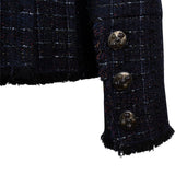 Chanel Navy Tweed Pleated Belt Button Fringed Flared Jacket V34308 (FR 38 / DE 36)